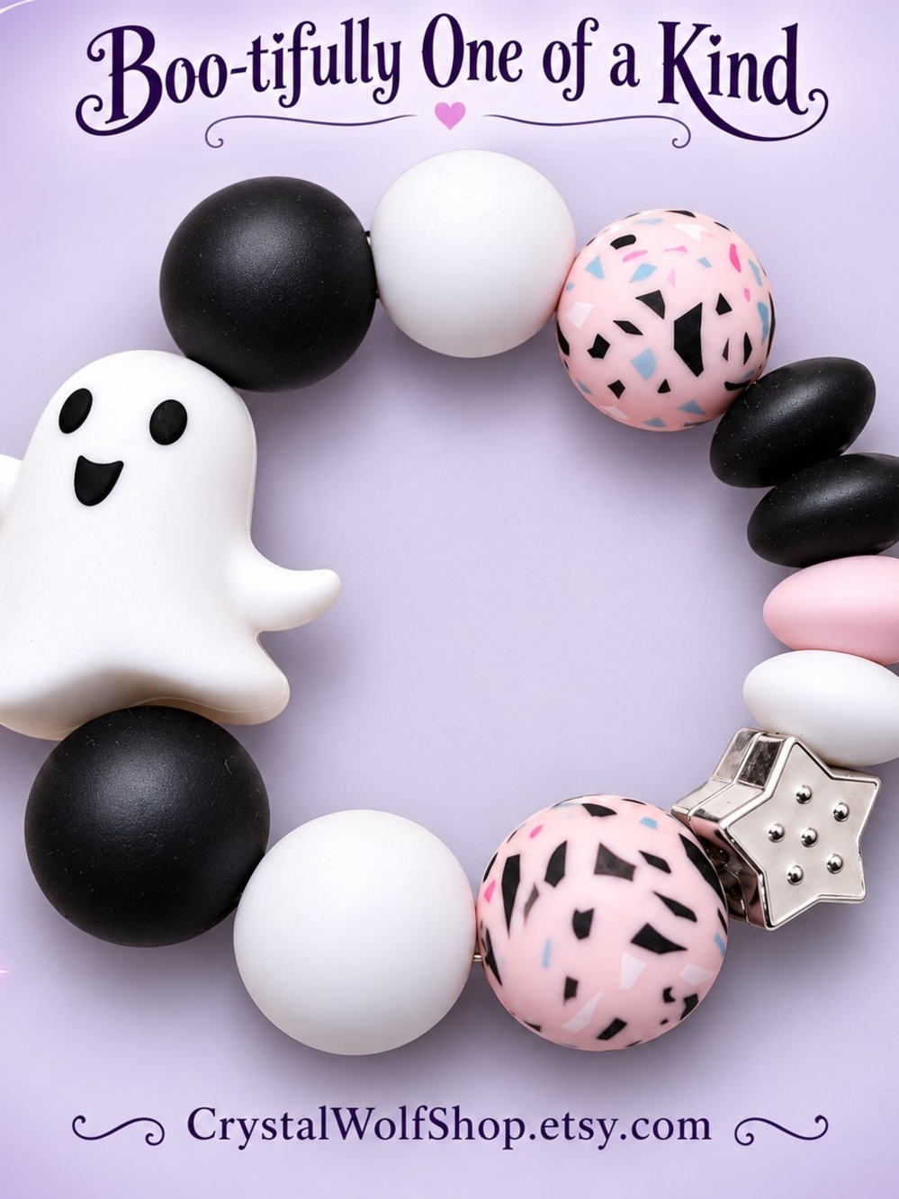 Ghost Charm Beaded Bracelet in Pink, Black & White